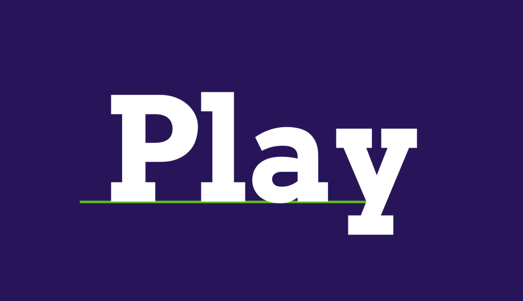 Das Wort „play“ auf blauem Hintergrund als Symbol für Creative Spaces und spielerisches Lernen.
