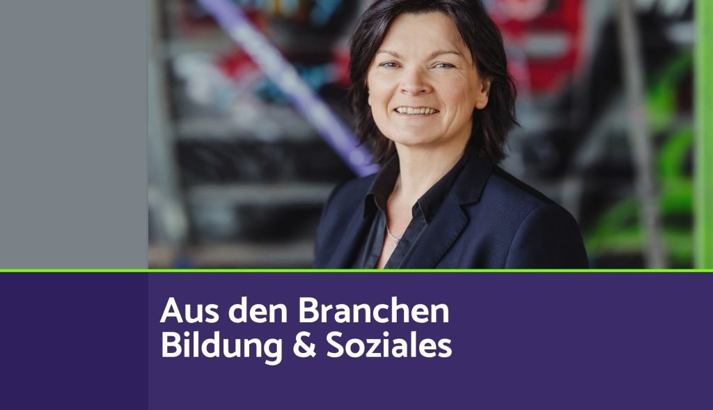Foto mit Stefanie Meise, Untertitel mit weißer Schrift auf lila Hintergrund